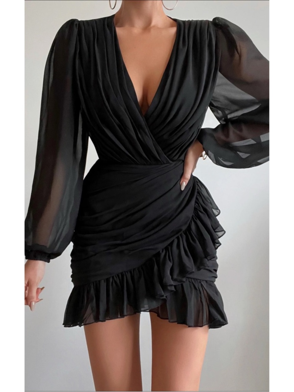 SHOWPO Can I Be Your Honey Mini Dress Black Size 10 Ruched Chiffon